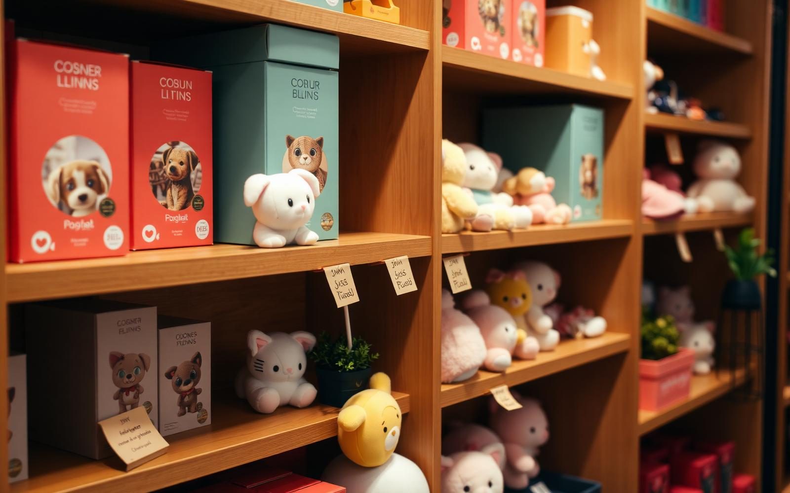 A retail toy shelf stocked with plush and blind boxes